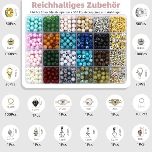 Liangding Perles pour Bracelet, 8MM Perle Pierre Artificielles, 1040 Perles pour Bijoux Adulte, Kit Bracelet avec Pendentif Accessoires, pour la Fabrication de Bijoux Bricolage Artisanat DIY