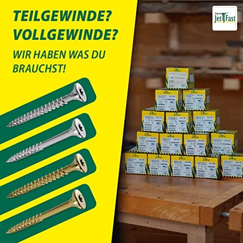 Jet-Fast Premium Vis universelles 5,0 x 90 mm, 100 pièces, tête fraisée Duo, filetage partiel TX, bleu galvanisé, vis à bois, vis pour panneaux d'aggloméré, pointe Cut