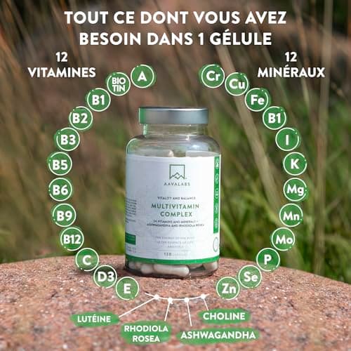 Multivitamines et Minéraux -13 Vitamines Adultes dont Vitamine A B C D E K, Ashwagandha, Rhodiola Rosea, 11minéraux dont Magnesium, Zinc - Complement Alimentaire Multivitamines Homme Femme 120Capsules