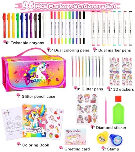 Ophy Feutres Coloriage Enfants - Set d'art pour Enfants avec Autocollants en Diamant Feutre Enfant Ensemble de Marqueurs Double Marqueur Livre de Coloriage Crayons Coloriage Enfant Cadeau Fille