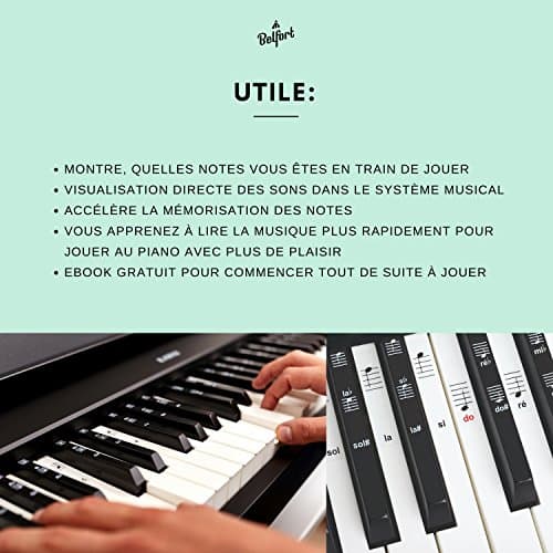 Belfort®️ Autocollants pour notes de piano + clavier pour 49 | 61 | 76 | 88 touches + Ebook gratuit | kit complet premium pour touches noires + blanches | do-ré-mi-fa-sol-la-si | instructions français