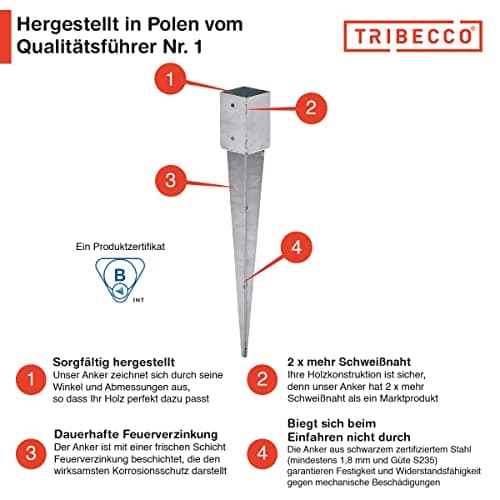 TRIBECCO Support de poteau à enfoncer - 101 x 101 mm - Longueur : 900 mm - Galvanisé à chaud - Douille à enfoncer pour poteaux en bois carré - Ancrage au sol - Poteau de portail - Séchoir à linge