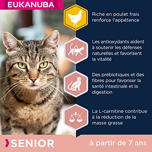 EUKANUBA – Croquettes Premium pour Chat Senior - Alimentation 100% Complète et Equilibrée - Riche en Riz – Au Poulet Frais – L-carnitine – Sans OGM, Sans Blé - Sac refermable – 2kg
