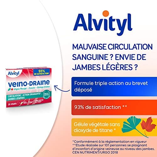 Alvityl - Veino-Draine - Circulation, Action drainante, Jambes légères - Vigne rouge - 93% de satisfaction- 30 gélules