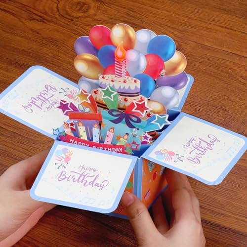 JIZZU Carte d'anniversaire Musicale, Pop-up 3D Carte Anniversaire avec Bougie à Souffler Music Lumière, Carte d'anniversaire pop-up 3D avec Enveloppe pour Femmes Hommes Filles Amis Mères