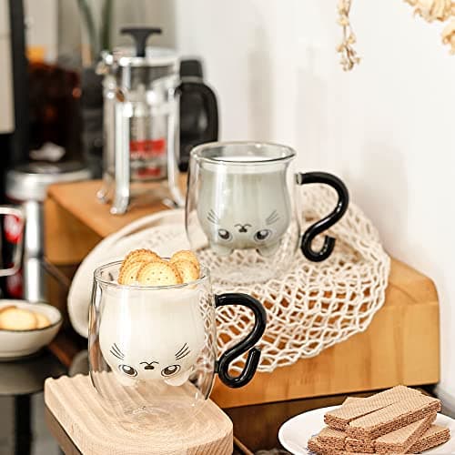 SHENDONG Tasses à café en verre avec poignée en forme de chat mignon - Double paroi isolée - Cadeau pour un anniversaire, la Saint-Valentin et le bureau (chat blanc)