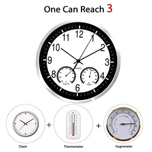 ALEENFOON 12 Pouces Horloges Murales Silencieuse de Salon Cuisine Modernes Design Pendules Murales 30cm Humidite Temperature Thermomètre Horloge à Quartz Suspendue Horloge Murale en Métal
