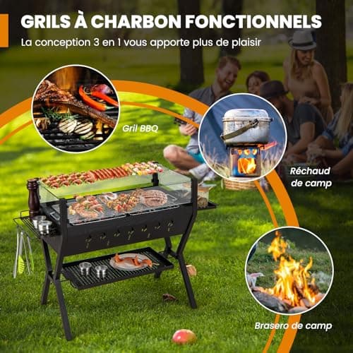 GOPLUS Barbecue à Charbon de Bois avec Verre Coupe-vent, Grille à Griller, BBQ Grill avec Supports d'Assaisonnement et Étagère de Rangement pour Pique-Nique, Jardin, Camping, 98 x 42 x 68 cm