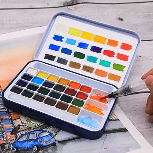 Artecho Lot de Peintures Pour Aquarelle Avec Pinceau Inclus, 24 Couleurs Eclatantes, Léger et Portable, Idée Cadeau Parfaite Pour les Artistes Débutants ou Professionnels