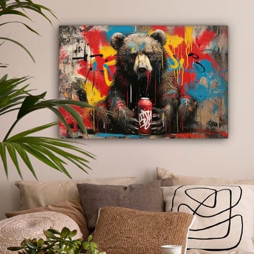 MuchoWow© Impression sur Toile Decoration Murale Peinture 60x40 cm Tableaux Decoratifs Muraux Déco Chambre Tableau Salon Graffiti - Ours - Bouteille - Mur - Street art - Banksy