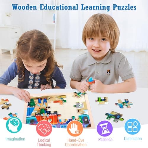 Puzzles en Bois Enfant 3 4 5 Ans, Lot de 4x24 Pièces Jouet Puzzle Jeux,Véhicules de Construction Camions Pompiers Transport Urbain Jeux Montessori Éducatif Jigsaw Puzzle Jouet pour Garçons Filles