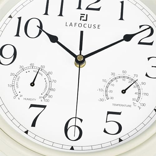 Lafocuse Horloge Murale avec Thermomètre et Hygromètre Vintage Pendule Murale Quartz Blanc Silencieuse pour Salon Cuisine 30cm