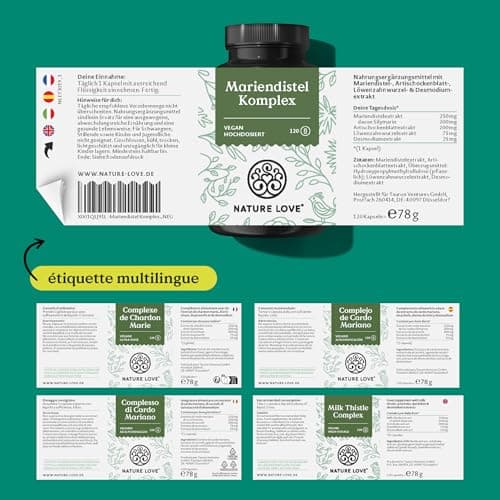 Complexe de chardon Marie NATURE LOVE® - 120 gélules - chardon Marie, artichaut, pissenlit et desmodium - hautement dosé avec 80% de silymarine - testé en laboratoire, végane, produit en Allemagne