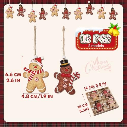 12Pcs Décoration Sapin Noël Pendentif en Bois Motif Bonhomme Pain d’épice Suspension Ornement à Suspendre pour Arbre Noël Chambre Intérieure