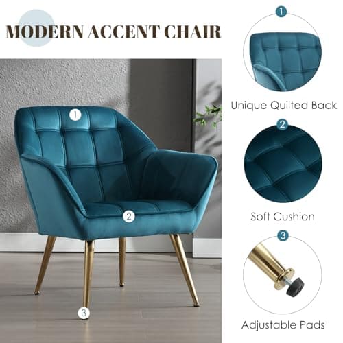 Wahson Fauteuil Salon Moderne Fauteuil Velours avec Pied Doré, Fauteul Design Salon Rembourré Fauteuil Scandinave Fauteuil 1 Place pour Salon/Chambre, Bleu