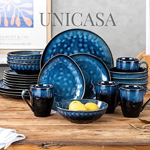 UNICASA Bol Ramen en Céramique, Bols Salade pour 4 Personnes - 800 ml, Saladier/Bol Soupe/Bol Dessert en Couleur Bleu
