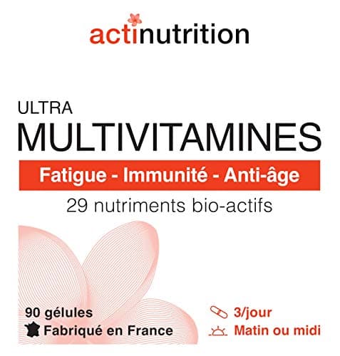 ULTRA Multivitamines | 29 Nutriments Bio-actifs dont Vitamines C & D + Ferments Lactiques | 90 gélules | Pour Vitalité, Immunité et Stress | Fabriqué en France par Actinutrition
