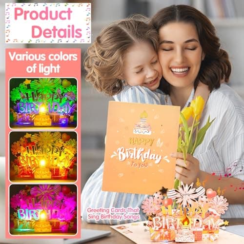 Cartes d'anniversaire avec Musique et Lumière, Carte Anniversaire Musicale-Pop-Up, Carte Vœux Pop Up 3D avec Enveloppe, Blowable LED Lumière Bougie Carte d'anniversaire, Cartes d’Anniversaire Femmes