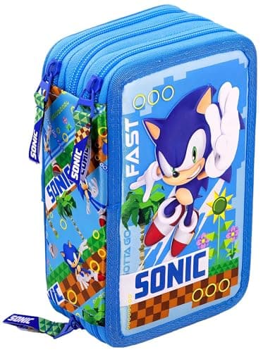 Clondo Trousse Triple Remplie Enfants, pour Sonic Fans, 45 Accessoires Scolaires Garçon, 3 Fermetures Éclair, Compartiments Organisés, Crayons de Couleur, Feutres, Colle, Ciseaux