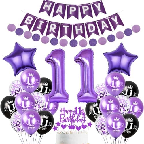 Décoration fête 11 ans violet, Décoration 11 anniversaire fille violet, Ballon 11 anniversaire violet, Décoration gâteau anniversaire 11 ans, Ballons 11 ans fille anniversaire violet noir