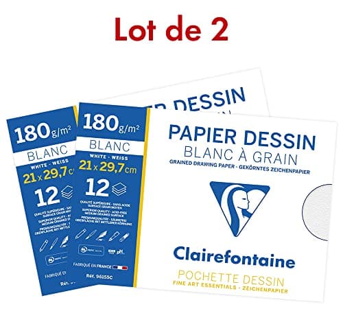 Clairefontaine 196155AMZC - Lot de 2 - Pochette Dessin Scolaire - 12 Feuilles Papier Dessin Blanc à Grain - A4 21x29,7 cm 180g - Idéal pour les Arts Plastiques
