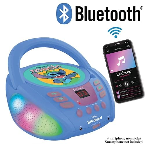 Lexibook - Disney Stitch - Lecteur CD Bluetooth pour Enfants - Portable, Effets Lumineux, Prise Micro, Entrée aux-in, Pile ou Secteur, Filles, Garçons, Bleu, RCD109D