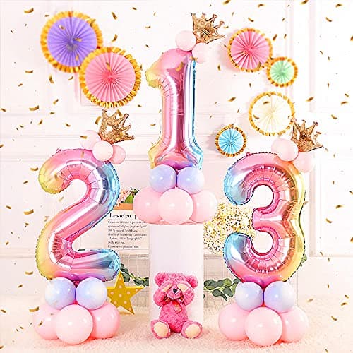 Ousuga Ballon de numéro de feuille d'hélium, ballons de numéro de dégradé arc-en-ciel de 32 pouces avec couronne pour anniversaire, décorations de fête d'anniversaire (# 9)