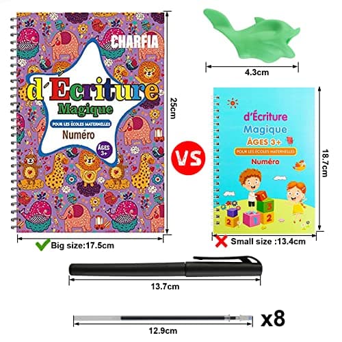 Charfia 4 Grand Francais Cahier Ecriture Magique Calligraphique pour Enfants, Magic Book en Français Livre Magibook Cahier Effacable Livre de Pratique d'écriture Réutilisable [Large 17.5 * 25CM]