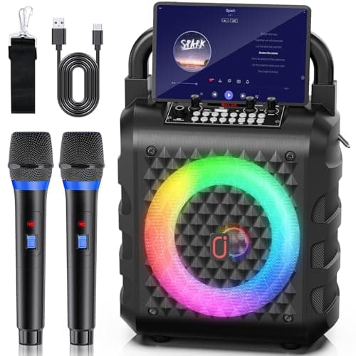 HWWR Caisses karaoké avec 2 Microphones sans Fil, karaoké Professionnel Portable Bluetooth avec lumières LED, Eco/TF/USB, AUX, pour Les fêtes et Les Adultes, Cadeau pour Les Amis et la Famille