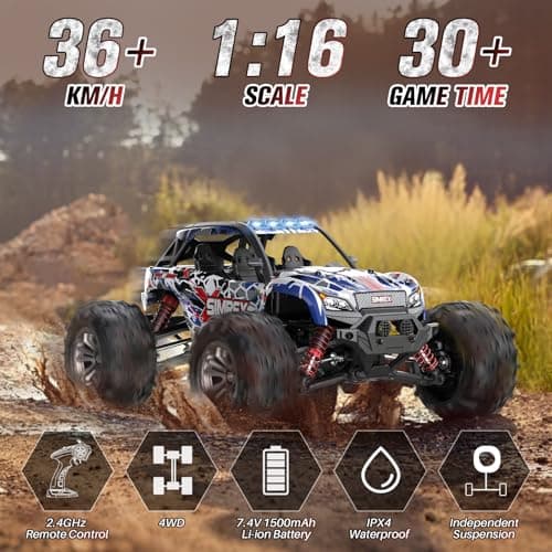 SIMREX Voiture Telecommandé Tout - Terrain à l'échelle 1: 16, 36 km/h, 4 Roues motrices avec télécommande 2,4 GHz, avec Batterie Rechargeable, pour Les Enfants de Plus de 6 Ans