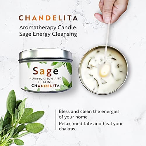 CHANDELITA Bougie D'aromathérapie Parfumée à la Sauge pour la Bénédiction, Feuilles de Sauge, à la Cire de Soja pour la Purification, la Relaxation, la Méditation, la Guérison des Chakras