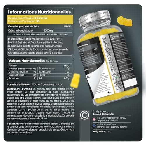 Créatine Monohydrate 3000mg - 90 Gummies Vegan (1 Mois) Sans Sucre Goût Citron - Booster Musculation, Performance Sportive - Créatine Gummies Pre Workout Booster Puissant & Prise de Masse Musculaire