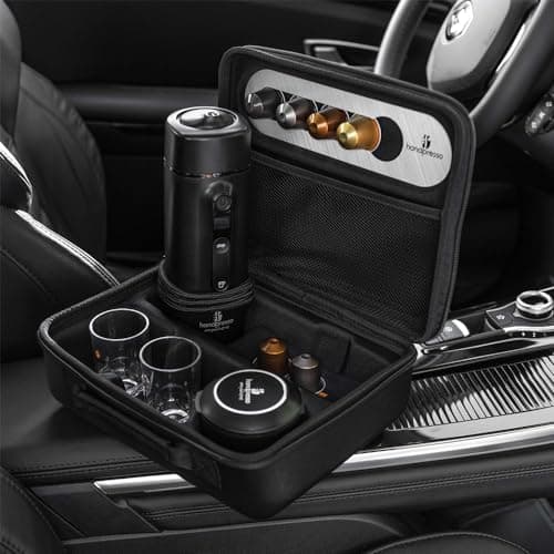 HANDPRESSO Auto Set Capsule - Cafetiere 12V ou 24V | Coffret avec Machine a cafe portable voiture ou camion pour capsules expresso NS avec valisette et tasses.