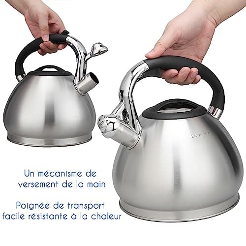Easyworkz Bouilloire sifflante en acier inoxydable de qualité alimentaire avec sifflet puissant, 3,0l, argenté
