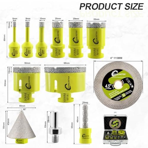 SANLEETEK Foret Diamant Carrelage Kit (6/8/10/20/25/35/50/68+10mmFraise Diamant+50mmMèches Chanfrein+115mm Disque+Adaptateur) Scie Cloche pour Carrelage Céramique Porcelaine Marbre Granit M14 Filetage