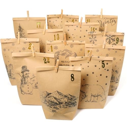 Calendrier de l'Avent à remplir,24 Sacs de l'Avent à bricoler soi-même avec sacs cadeaux imprimés et 24 autocollants numérotés et pinces, sacs en papier kraft pour Noël, enfants, adultes
