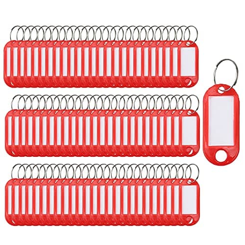 Lot de 100 étiquettes porte-clés en plastique avec anneau fendu (rouge)