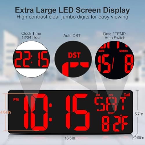 XREXS 17'' Horloge Murale Digitale, Calibrage Automatique de l'heure Via Bluetooth, Horloge Numérique, Luminosité Réglable, Horloge Murale Numérique avec Heure/Date/Température/Alarme/Minuteur