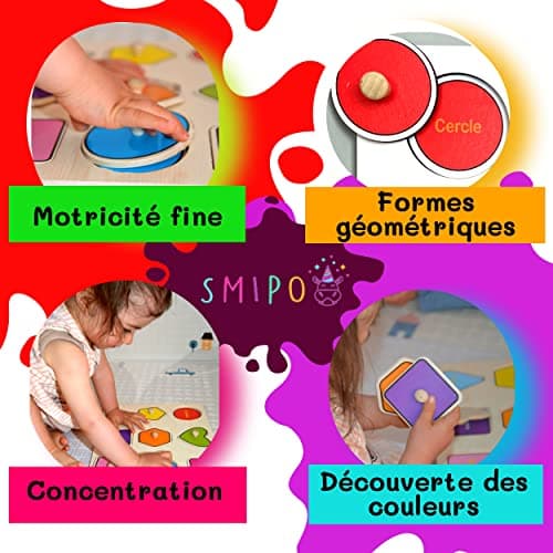 Puzzle en Bois Montessori Forme géométrique, Apprentissage encastrement Formes et Couleurs, motricité Fine, Jouet Bebe Enfant garçon Fille 12 Mois,1,2,3,4 Ans, Jeux educatif, Mot en français, Cadeau