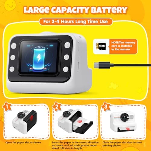 HiMont Appareil Photo Instantané Enfants, 1080P Appareil Photo Numérique Enfant & Caméra Vidéo avec Carte de 32GB & 3 Rouleaux de Papier d'impression, Cadeaux pour Garçons & Filles de 3 à 12 Ans