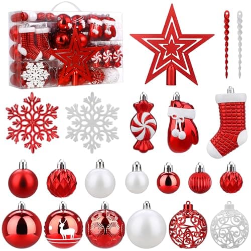 SOLEDI Lot de 128 Boule de Noel - Decoration Noel Sapin - Boules de Noël en Plastique Incassable - pour Decoration Noel Extérieur ou Intérieure - Décorer Sapin de Noël - Deco Noel (Rouge et Blanc)