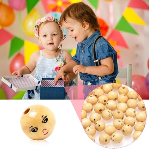 RNHDLY 50 Pièces Perles en Bois 18mm Perle en Bois Visage, Petite Boule en Bois avec un Trous, Perles en Bois Naturel Perles Bois Visage pour Bijoux, Breloques, Colliers, Bracelets