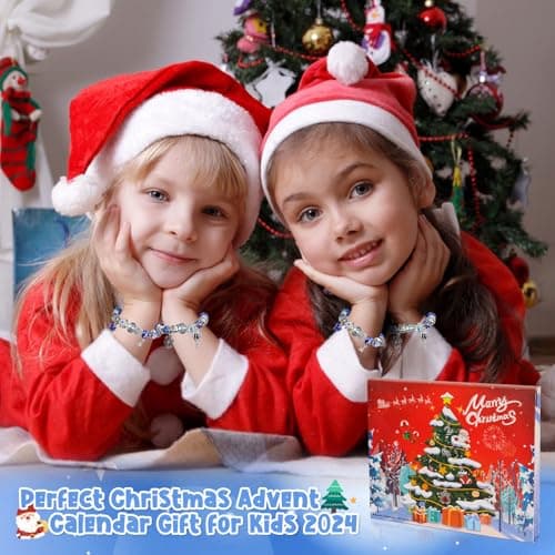 Calendrier de l'avent Bijoux, Calendrier de l'Avent 2024 Enfant Fille, DIY Calendrier de Noël Charms Bracelet Kit Fabrication Creation, Calendrier de l'avent Enfant, Cadeaux de Noël 5-13 Ans, Bleu