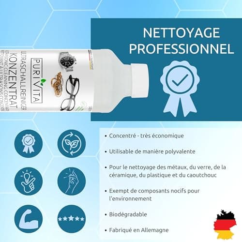 PURIVITA - Concentré de Nettoyant liquide pour produits ultrason - Multi-usages - Nettoyeur Bijoux, lunettes et bien plus encore - nettoyant ultrason - 500 ml