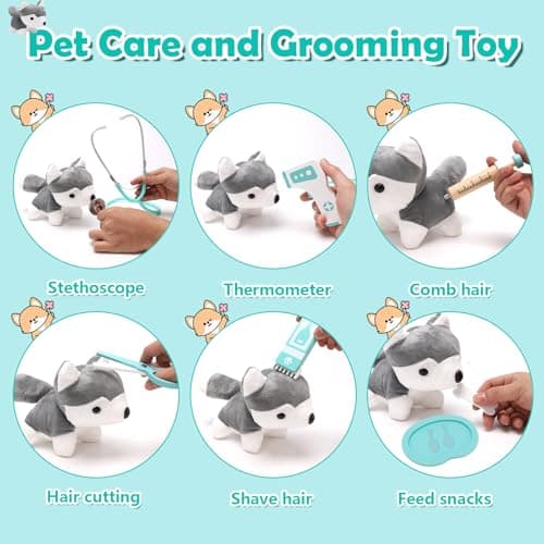 TGTT Castle Malette Docteur Enfant, Vétérinaire Enfant en Bois, Malette Docteur avec Chien la Peluche, Docteur avec Robe de Médecin et Chapeau, pour Fille Garcon 3+ Ans