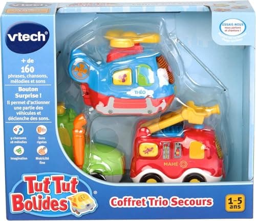 VTech - Tut Tut Bolides, Coffret Trio Secours, 3 Voitures Interactives, Camion de Pompiers, Tracteur et Hélicoptère, Jouet Musical et Sonore, Cadeau Enfant de 1 An à 5 Ans - Contenu en Français