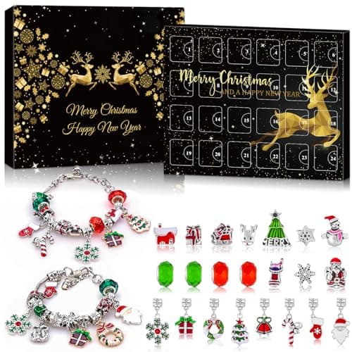 Calendrier de l'avent Bijoux,2024 Calendrier de l'Avent Enfant Fille Noël Kit de Bijoux Bracelet DIY avec 24 Noël Ornements Compte à Rebours de Noël Cadeaux de Noël pour Fille