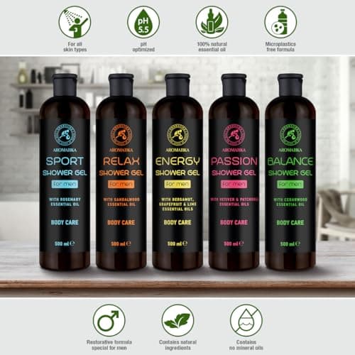Gel Douche Homme Énergie 500ml - Gel à l'Huile Essentielle de Bergamote - Huile Essentielle de Pamplemousse - Huile Essentielle de Citron Vert - Soin de la Peau - Nettoyant et Soin - Parfum Frais