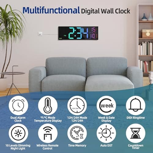 HAITANG Grande Horloge Murale numérique de 16" pour Salon, télécommande, Double Alarme, 8 Couleurs RVB, Grand écran LED, luminosité Automatique, Date, Heure d'été Automatique, température