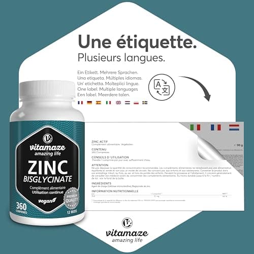 Zinc Bisglycinate 25 mg - Acné, Peau et Système immunitaire - 360 Comprimés pour 1 An - Vegan et Hautement Biodisponible - Complément Alimentaire Vegan Sans Additifs - fabriqué en Allemagne